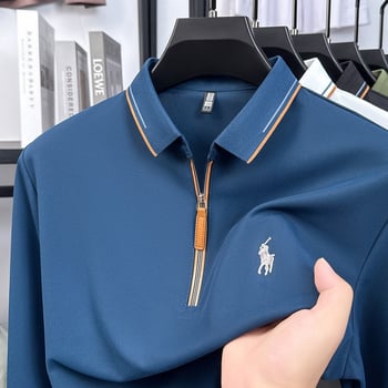 Поло риза с дълги ръкави, свободна кройка, есен, Ice silk плат, пръски мастило