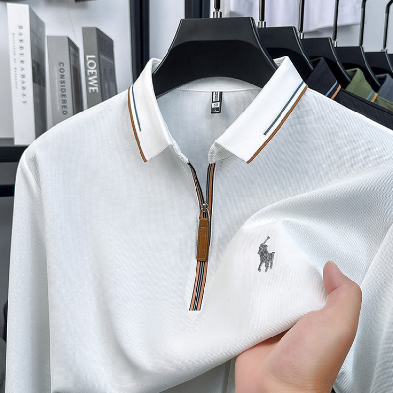 Поло риза с дълги ръкави, свободна кройка, есен, Ice silk плат, пръски мастило