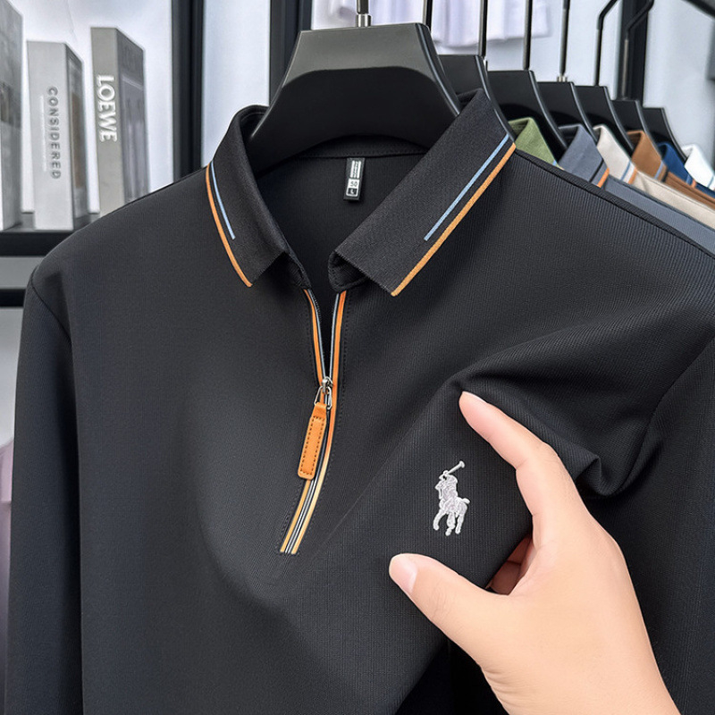 Поло риза с дълги ръкави, свободна кройка, есен, Ice silk плат, пръски мастило