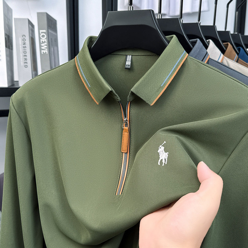 Поло риза с дълги ръкави, свободна кройка, есен, Ice silk плат, пръски мастило