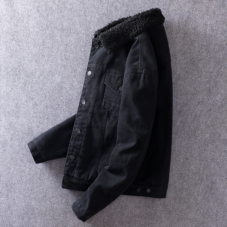 Koreai stílusú farmerdzseki fleece-béléssel, karcsú szabás, gallér, egysoros záródás, téli