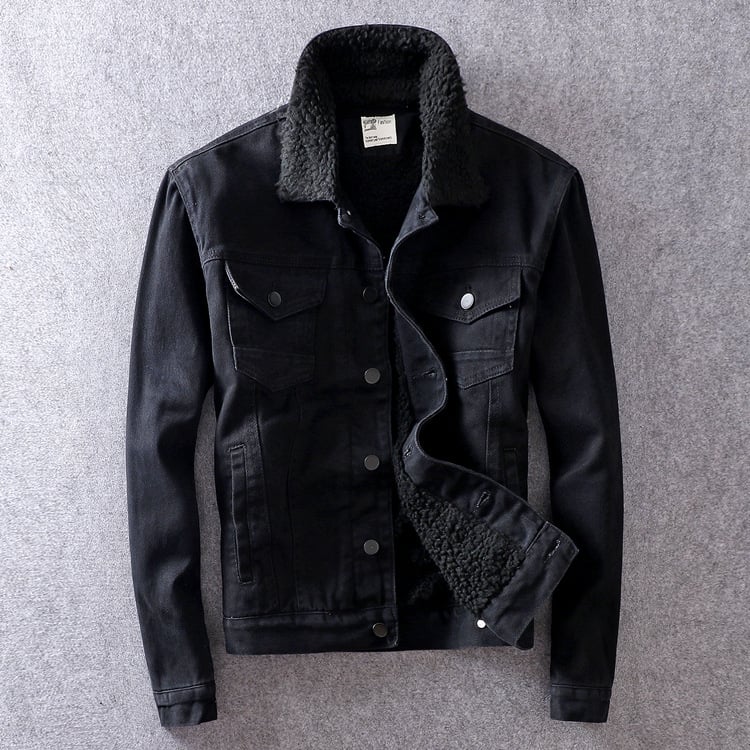 Koreai stílusú farmerdzseki fleece-béléssel, karcsú szabás, gallér, egysoros záródás, téli