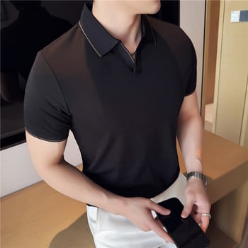 Мъжко поло с къс ръкав, тесен силует, едноцветен модел, принтиране/боядисване, вискозно-химична смесена материя