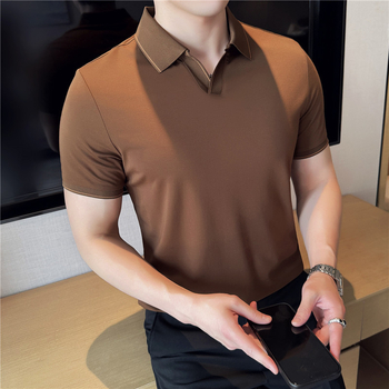 Мъжко поло с къс ръкав, тесен силует, едноцветен модел, принтиране/боядисване, вискозно-химична смесена материя