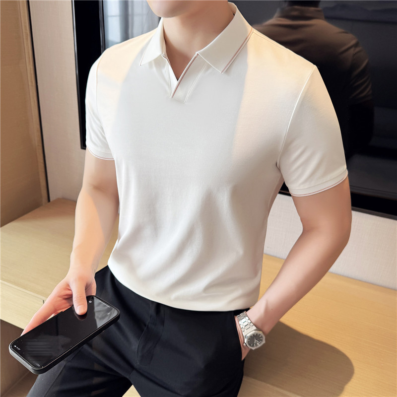 Мъжко поло с къс ръкав, тесен силует, едноцветен модел, принтиране/боядисване, вискозно-химична смесена материя