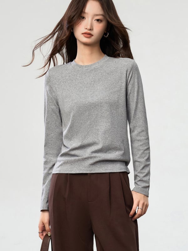 Majica s dugim rukavima od kefiranog pamuka s elastanom, ravna kroj trubičnog oblika, polu-visoki okrugli ovratnik, japansko-korejski casual stil