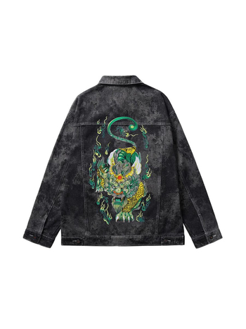 Férfi farmerdzseki gallérral, hímzett kockás mintával, laza szabású