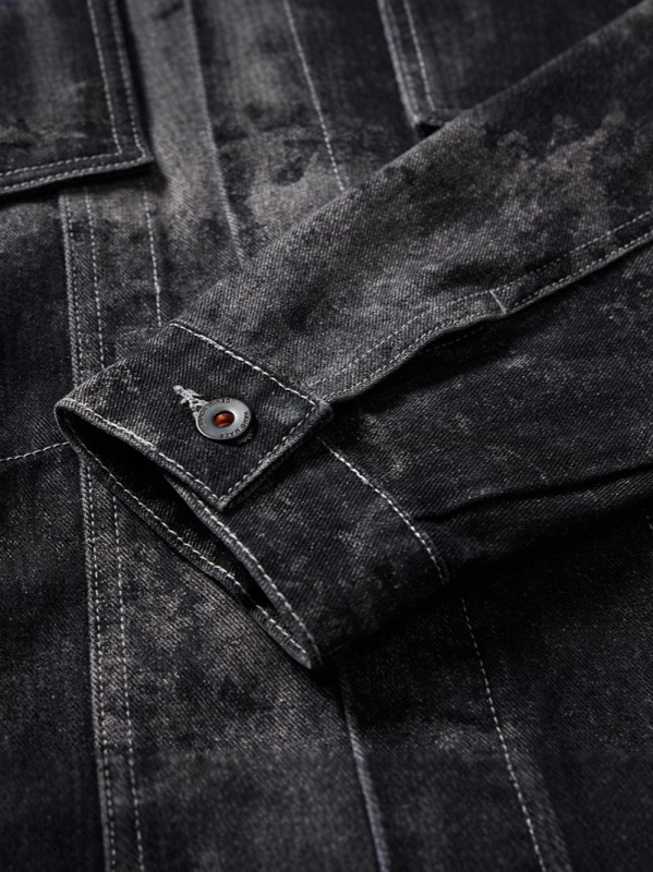 Férfi farmerdzseki gallérral, hímzett kockás mintával, laza szabású