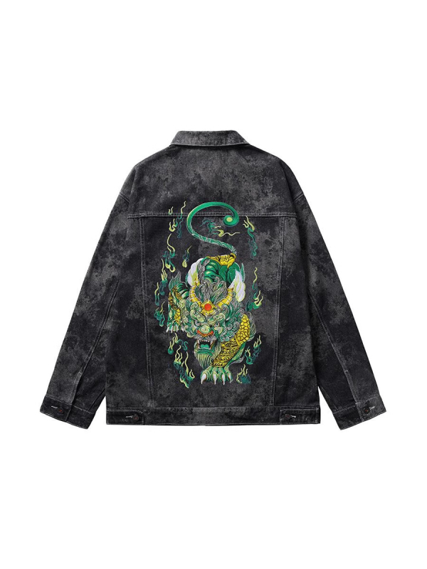 Férfi farmerdzseki gallérral, hímzett kockás mintával, laza szabású