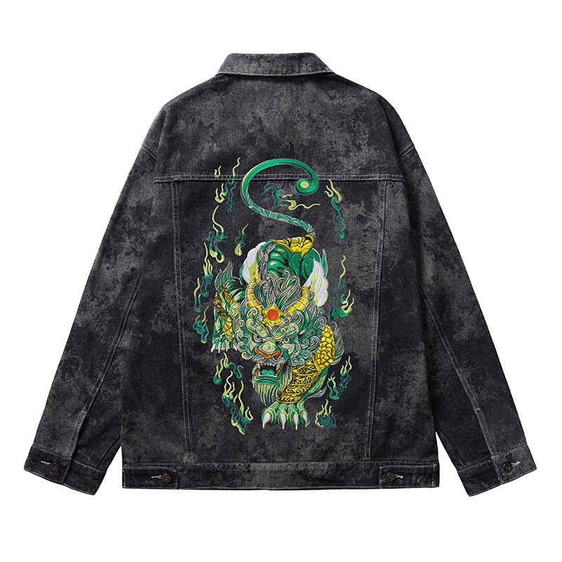 Férfi farmerdzseki gallérral, hímzett kockás mintával, laza szabású