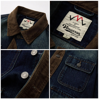 Patchwork denim kabát – retro stílus, 100% pamut, 3D zsebek, testhezálló fazon, lecsapott gallér, egy vonalas gombolás, hosszú ujjú, vastag anyag