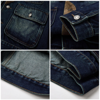 Patchwork denim kabát – retro stílus, 100% pamut, 3D zsebek, testhezálló fazon, lecsapott gallér, egy vonalas gombolás, hosszú ujjú, vastag anyag