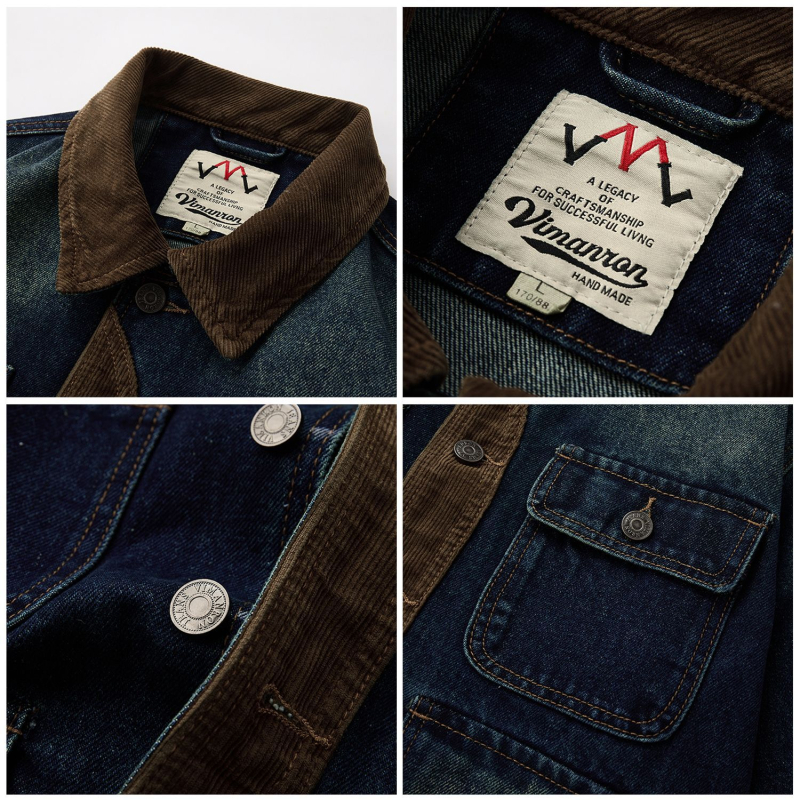 Patchwork denim kabát – retro stílus, 100% pamut, 3D zsebek, testhezálló fazon, lecsapott gallér, egy vonalas gombolás, hosszú ujjú, vastag anyag