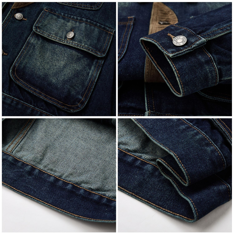 Patchwork denim kabát – retro stílus, 100% pamut, 3D zsebek, testhezálló fazon, lecsapott gallér, egy vonalas gombolás, hosszú ujjú, vastag anyag