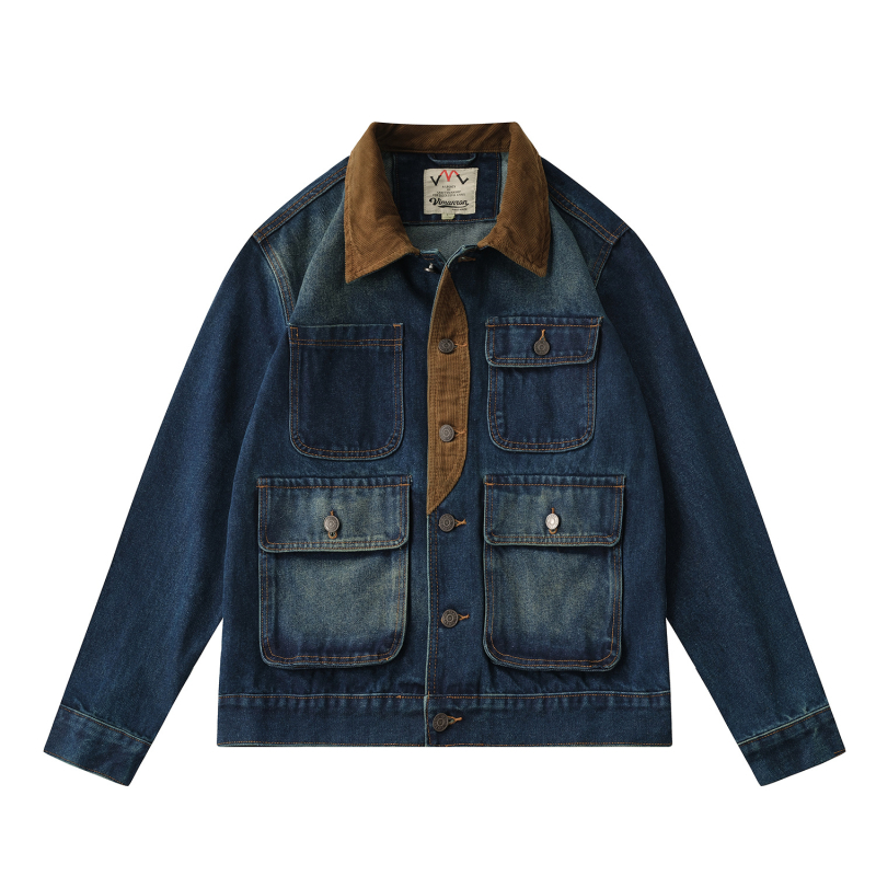 Patchwork denim kabát – retro stílus, 100% pamut, 3D zsebek, testhezálló fazon, lecsapott gallér, egy vonalas gombolás, hosszú ujjú, vastag anyag