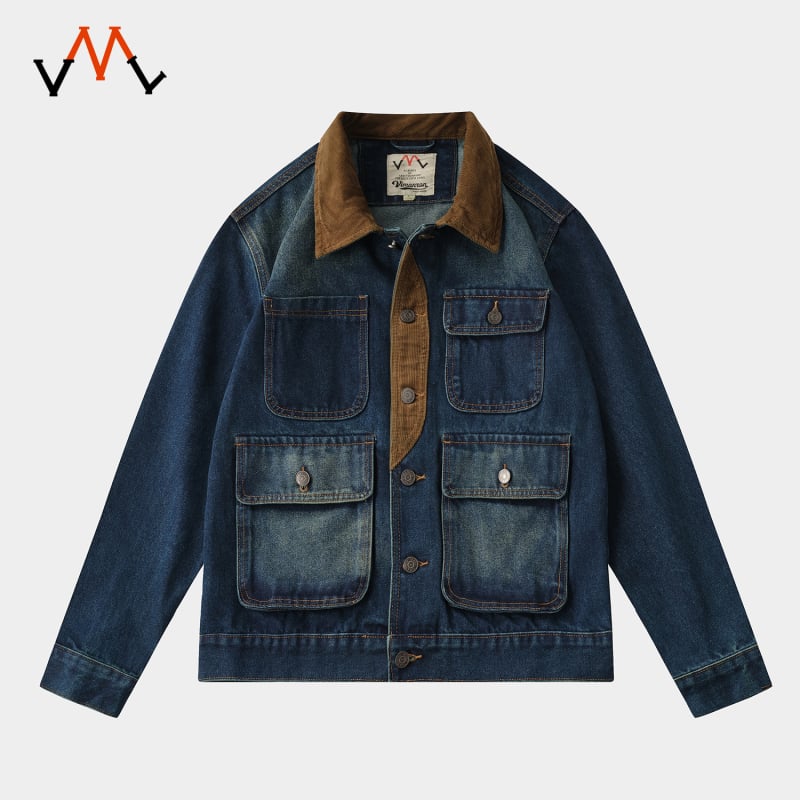 Patchwork denim kabát – retro stílus, 100% pamut, 3D zsebek, testhezálló fazon, lecsapott gallér, egy vonalas gombolás, hosszú ujjú, vastag anyag