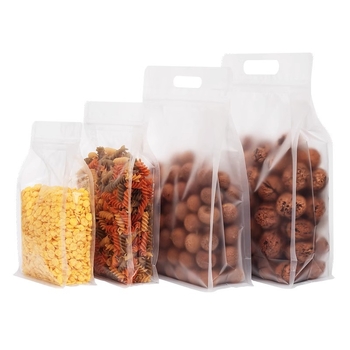 Διαφανής σακούλα με οκταπλευρική σφράγιση, αυτόνομη, ματ φινίρισμα και φερμουάρ (υλικό: PET+PE; συσκευασία τροφίμων; μήκος σφράγισης 5–20 cm; άδεια Guangdong XK-16-204-11317)