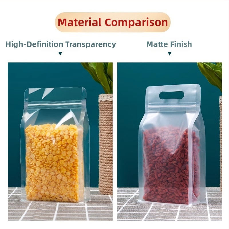 Priehľadný vrecko s ôsmimi stranami uzáveru, stojaci, matný povrch a zips (materiál: PET+PE; potravinárske balenie; dĺžka uzáveru 5–20 cm; licencia Guangdong XK-16-204-11317)
