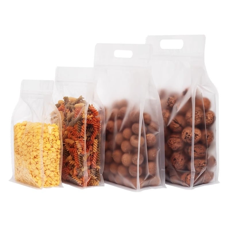 Διαφανής σακούλα με οκταπλευρική σφράγιση, αυτόνομη, ματ φινίρισμα και φερμουάρ (υλικό: PET+PE; συσκευασία τροφίμων; μήκος σφράγισης 5–20 cm; άδεια Guangdong XK-16-204-11317)