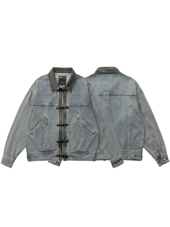 Džins jakna s kopčastim zatvaračem, oprani vintage stil, rever, ležerni kroj, bočne džepove