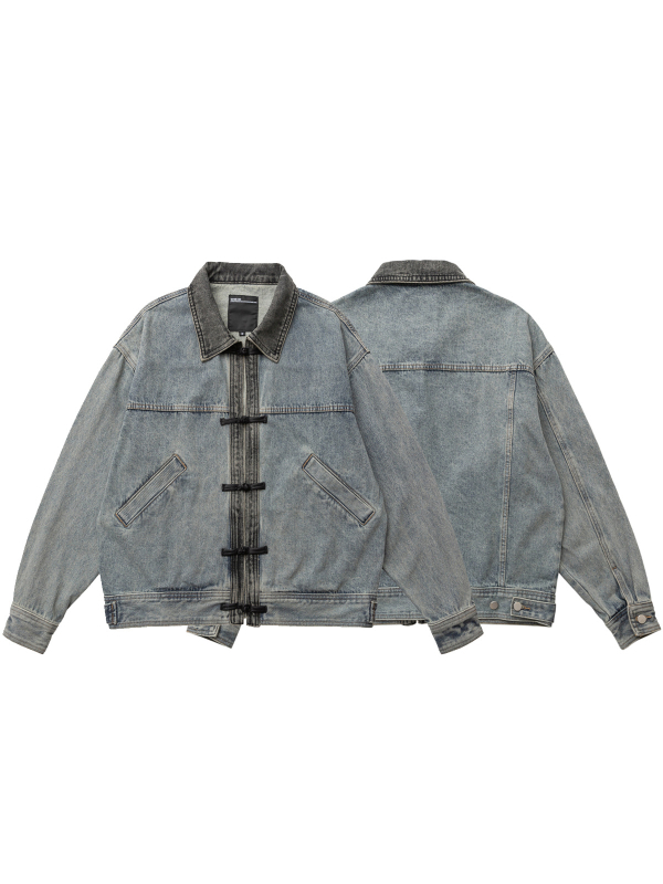 Džins jakna s kopčastim zatvaračem, oprani vintage stil, rever, ležerni kroj, bočne džepove