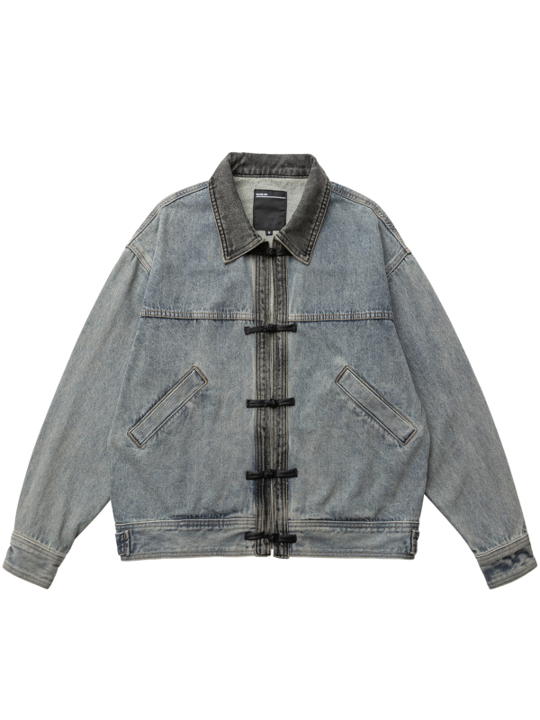 Džins jakna s kopčastim zatvaračem, oprani vintage stil, rever, ležerni kroj, bočne džepove