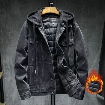 Džins jakna s pamukom podlogom, kapuljačom, labav kroj, odvojiva, debela, distres — Jesen/Zima 2025