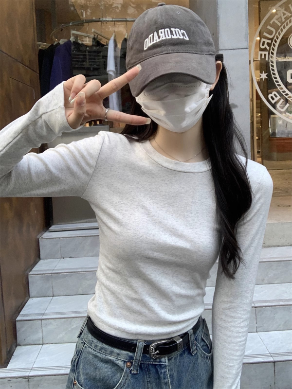 Ženski uski T-shirt s dugim rukavima i okruglim izrezom, osnovni stil, pamuk-elastan mješavina