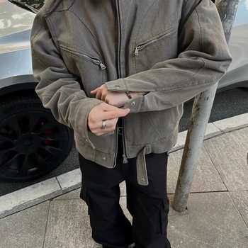 Jakna Harrington sa stojećim ovratnikom, wasteland retro stil, radna odjeća (poliester, otporan na vjetar, zatvarač, široka kroj, dugi rukavi)