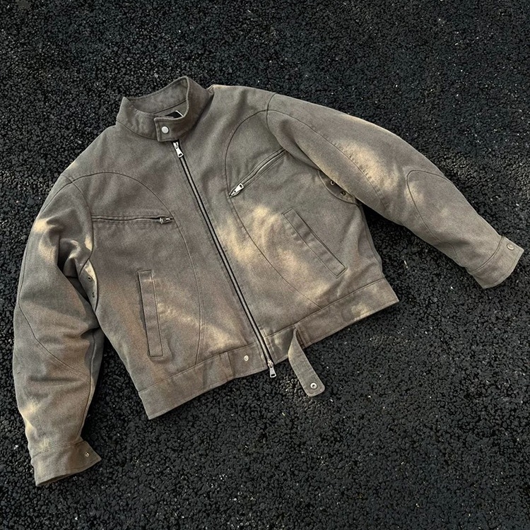 Jakna Harrington sa stojećim ovratnikom, wasteland retro stil, radna odjeća (poliester, otporan na vjetar, zatvarač, široka kroj, dugi rukavi)