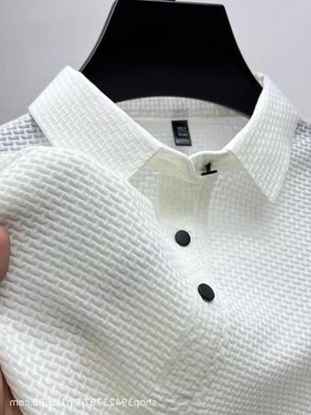 Поло риза от ледено копринена бързосъхнеща материя, жакардова яка, къси ръкави, тесен силует, гънки, дишаща нейлонова тъкан