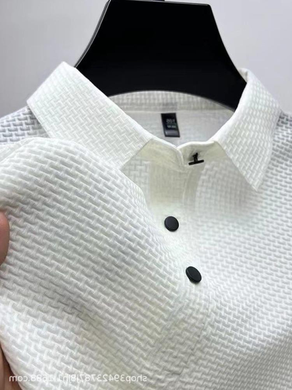 Поло риза от ледено копринена бързосъхнеща материя, жакардова яка, къси ръкави, тесен силует, гънки, дишаща нейлонова тъкан