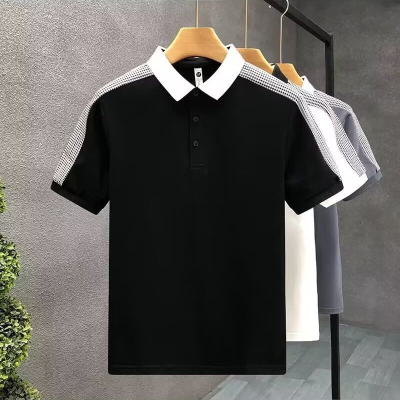 Поло риза с американски стил и контрастни панели, къс ръкав, свободен крой