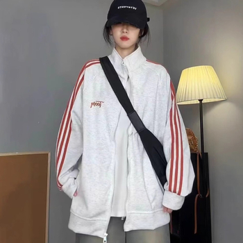 Kardigan jakna sa zipom, polo ovratnik, široki kroj, dugi rukavi, polyester 95%+, proljeće 2025 japansko-korejski casual stil