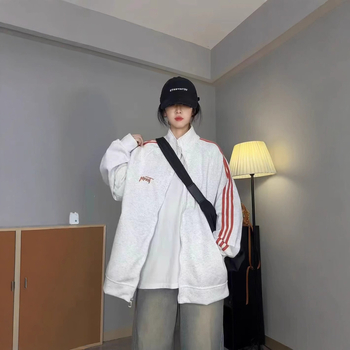 Kardigan jakna sa zipom, polo ovratnik, široki kroj, dugi rukavi, polyester 95%+, proljeće 2025 japansko-korejski casual stil