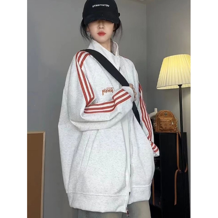 Kardigan jakna sa zipom, polo ovratnik, široki kroj, dugi rukavi, polyester 95%+, proljeće 2025 japansko-korejski casual stil