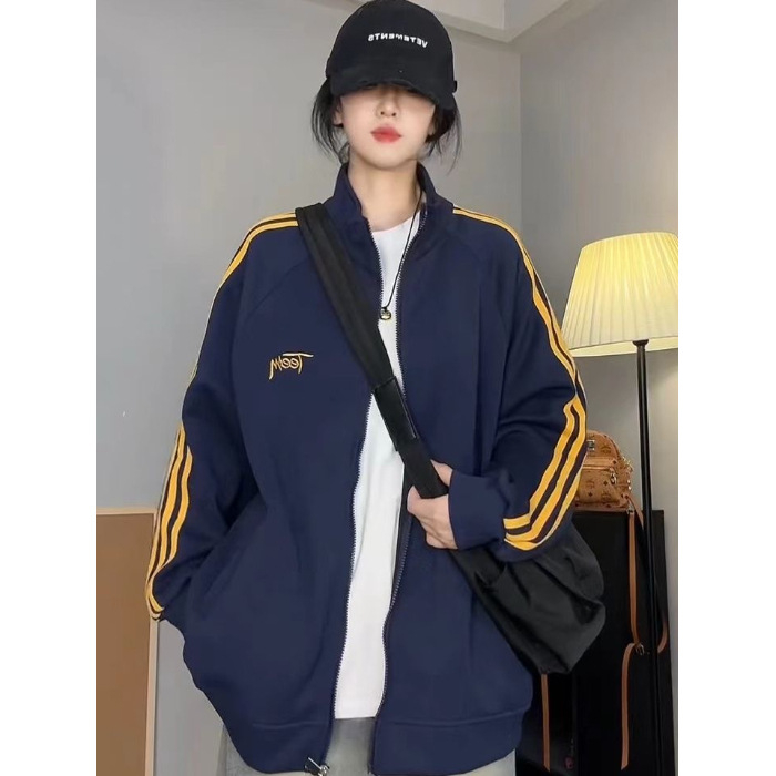 Kardigan jakna sa zipom, polo ovratnik, široki kroj, dugi rukavi, polyester 95%+, proljeće 2025 japansko-korejski casual stil