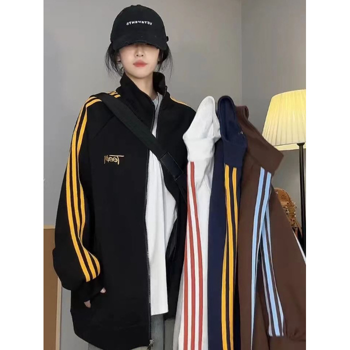 Kardigan jakna sa zipom, polo ovratnik, široki kroj, dugi rukavi, polyester 95%+, proljeće 2025 japansko-korejski casual stil