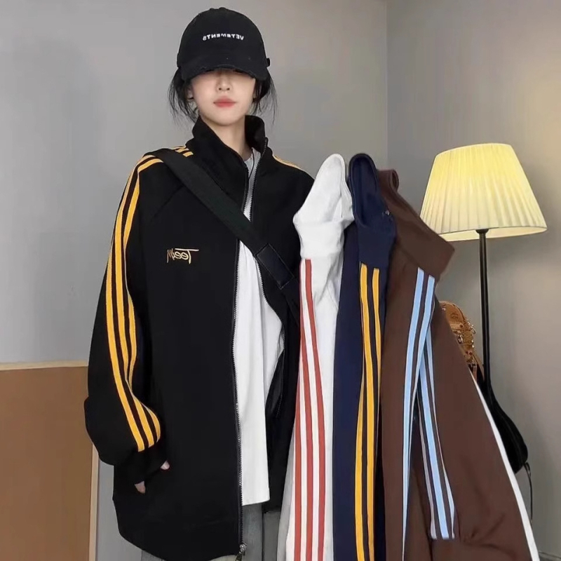 Kardigan jakna sa zipom, polo ovratnik, široki kroj, dugi rukavi, polyester 95%+, proljeće 2025 japansko-korejski casual stil