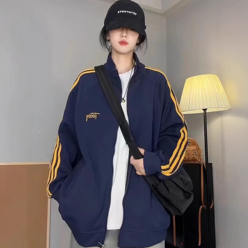 Kardigan jakna sa zipom, polo ovratnik, široki kroj, dugi rukavi, polyester 95%+, proljeće 2025 japansko-korejski casual stil