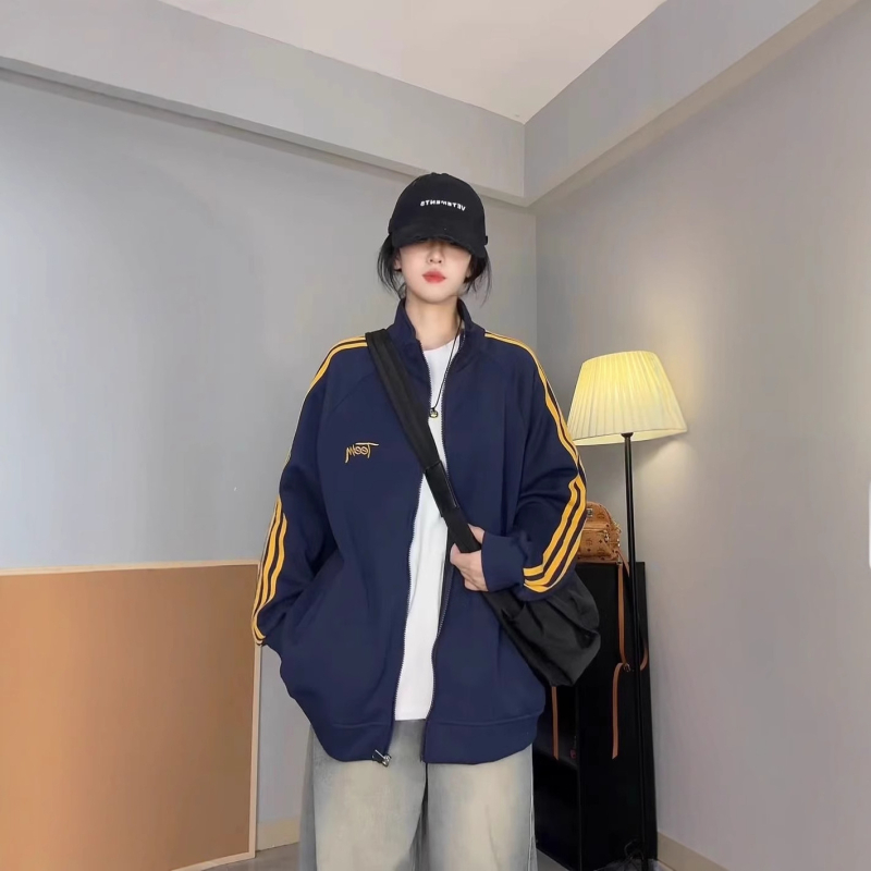 Kardigan jakna sa zipom, polo ovratnik, široki kroj, dugi rukavi, polyester 95%+, proljeće 2025 japansko-korejski casual stil