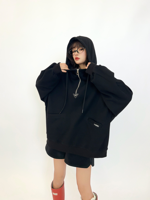 Pamukasti hoodie džemper s kapuljačom s geometrijskim uzorkom, labav kroj, srednja duljina, dugi rukavi