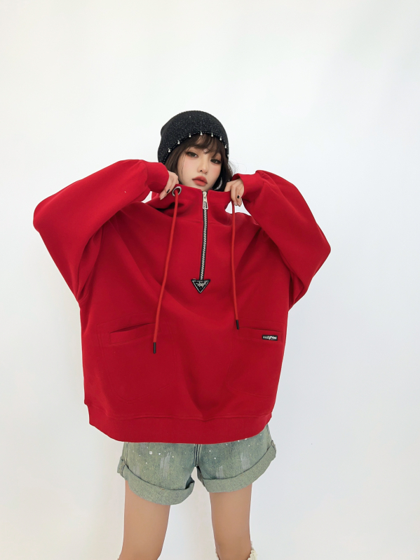 Pamukasti hoodie džemper s kapuljačom s geometrijskim uzorkom, labav kroj, srednja duljina, dugi rukavi