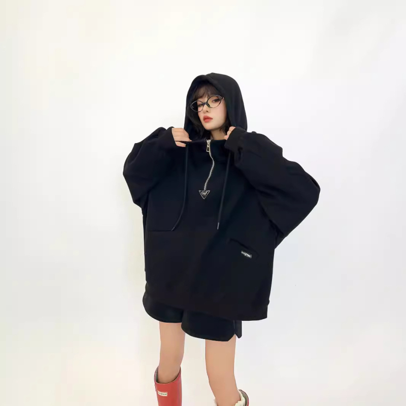 Pamukasti hoodie džemper s kapuljačom s geometrijskim uzorkom, labav kroj, srednja duljina, dugi rukavi