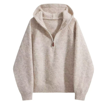 Ženski pleteni džemper s kapuljačom i poluzipom, debeli pleteni materijal, ležerni gradski stil, zima 2025