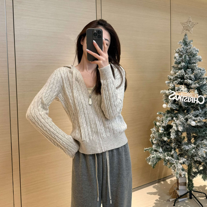 Ženski pleteni kardigan s kapuljačom i zipom, vuneno-poliester smjesa, uski kroj, standardna duljina, japansko-korejski casual stil