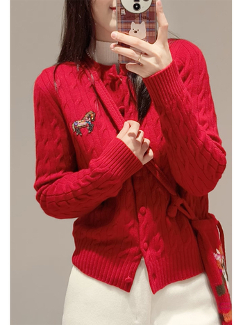 Ζακέτα πλεκτή από ανάμεικτη κασμίρ με κέντημα αλόγου, παχιά ύφανση, στρογγυλός λαιμός, κουμπιά στο μπροστινό μέρος, μακριά μανίκια, χειμώνας 2025