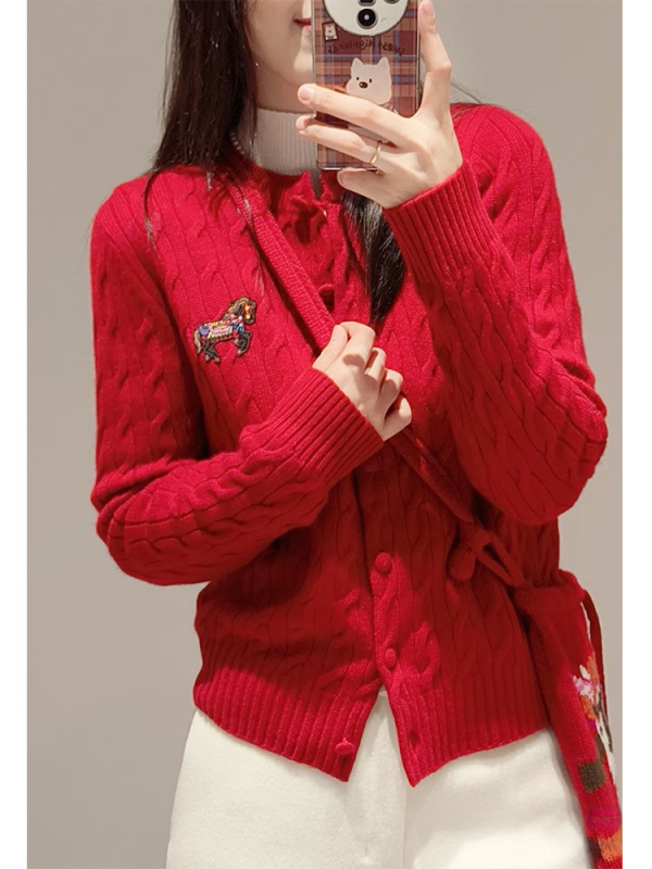 Ζακέτα πλεκτή από ανάμεικτη κασμίρ με κέντημα αλόγου, παχιά ύφανση, στρογγυλός λαιμός, κουμπιά στο μπροστινό μέρος, μακριά μανίκια, χειμώνας 2025