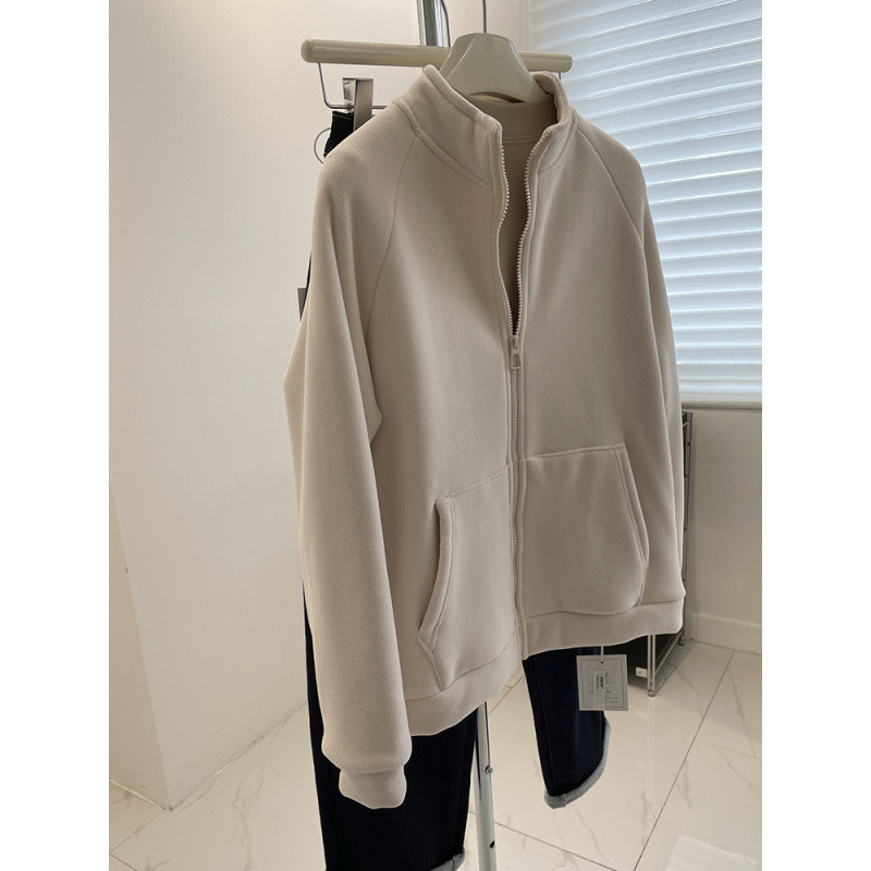 Fleece cardigan sa zipom, stojeći ovratnik, dugi rukavi, zimska toplina, dvostrani flis