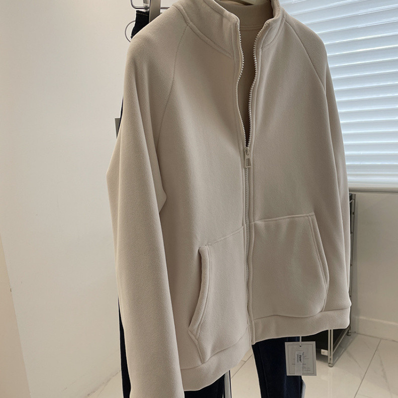 Fleece cardigan sa zipom, stojeći ovratnik, dugi rukavi, zimska toplina, dvostrani flis
